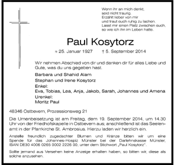 Todesanzeige von Paul Kosytorz von Westfälische Nachrichten