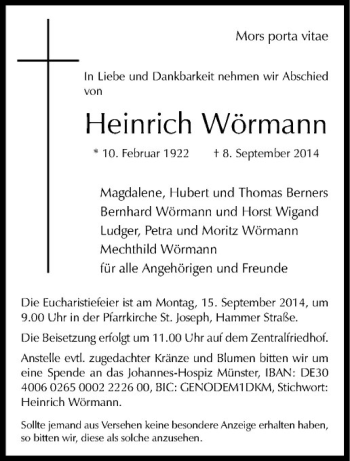 Todesanzeige von Heinrich Wörmann von Westfälische Nachrichten