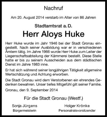 Todesanzeige von Aloys Huke von Westfälische Nachrichten