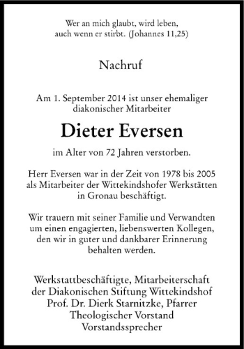 Todesanzeige von Dieter Eversen von Westfälische Nachrichten