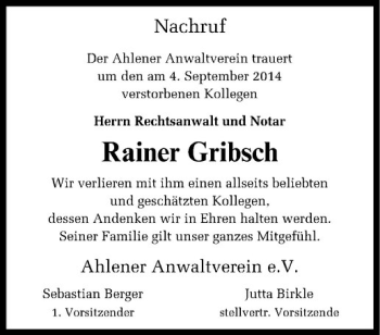 Todesanzeige von Rainer Gribsch von Westfälische Nachrichten