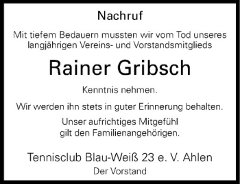 Todesanzeige von Rainer Gribsch von Westfälische Nachrichten