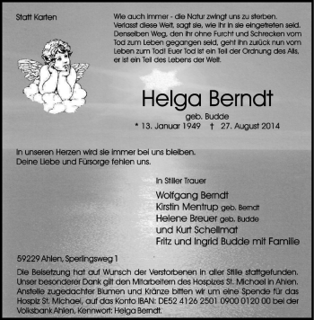 Todesanzeige von Helga Berndt von Westfälische Nachrichten