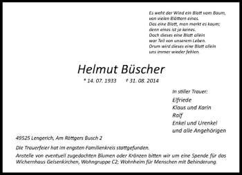 Todesanzeige von Helmut Büscher von Westfälische Nachrichten