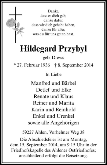 Todesanzeige von Hildegard Przybyl von Westfälische Nachrichten