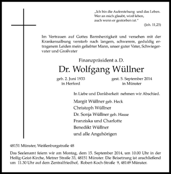 Todesanzeige von Wolfgang Wüllner von Westfälische Nachrichten
