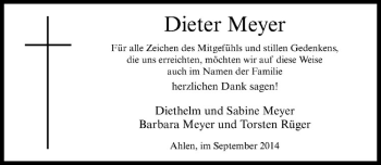 Todesanzeige von Dieter Meyer von Westfälische Nachrichten