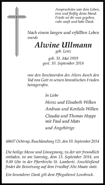 Todesanzeige von Alwine Ullmann von Westfälische Nachrichten