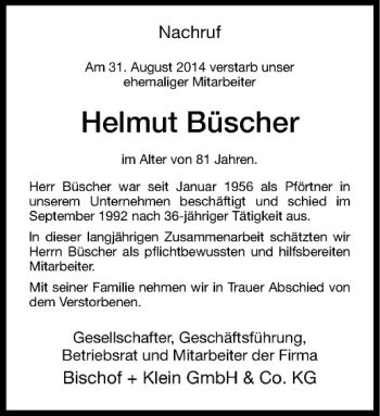 Todesanzeige von Helmut Büscher von Westfälische Nachrichten