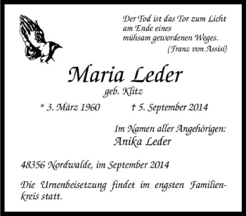 Todesanzeige von Maria Leder von Westfälische Nachrichten