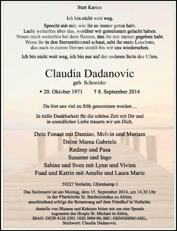 Todesanzeige von Claudia Dadanovic von Westfälische Nachrichten