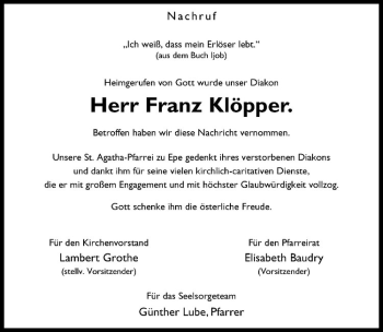 Todesanzeige von Franz Klöpper von Westfälische Nachrichten