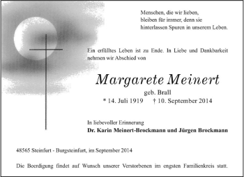 Todesanzeige von Margarete Meinert von Westfälische Nachrichten