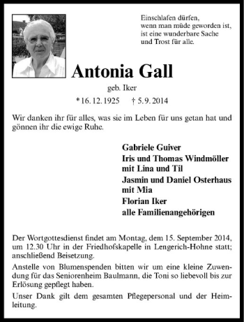 Todesanzeige von Antonia Gall von Westfälische Nachrichten
