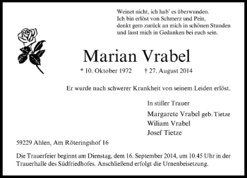 Todesanzeige von Marian Vrabel von Westfälische Nachrichten