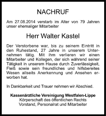 Todesanzeige von Walter Kastel von Westfälische Nachrichten