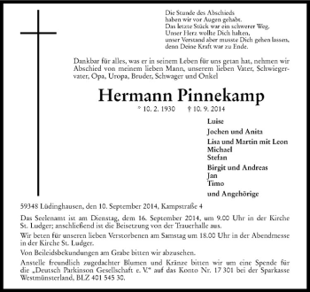 Todesanzeige von Hermann Pinnekamp von Westfälische Nachrichten