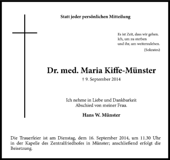 Todesanzeige von Maria Kiffe-Münster von Westfälische Nachrichten