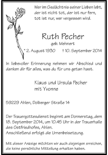 Todesanzeige von Ruth Pecher von Westfälische Nachrichten