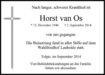 Todesanzeige von Horst van Os von Westfälische Nachrichten