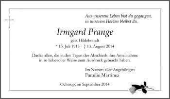 Todesanzeige von Irmgard Prange von Westfälische Nachrichten