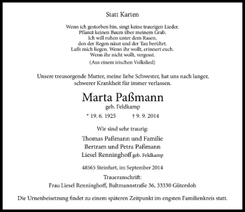Todesanzeige von Marta Paßmann von Westfälische Nachrichten