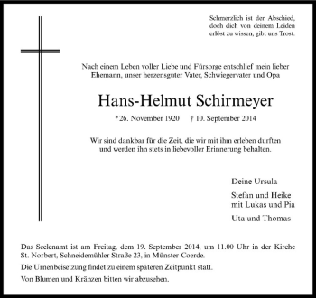 Todesanzeige von Hans-Helmut Schirmeyer von Westfälische Nachrichten