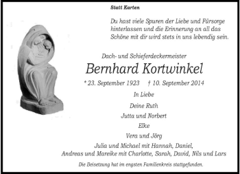 Todesanzeige von Bernhard Kortwinkel von Westfälische Nachrichten