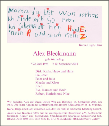 Todesanzeige von Alex Bleckmann von Westfälische Nachrichten