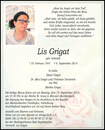 Todesanzeige von Lis Grigat von Westfälische Nachrichten
