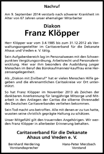 Todesanzeige von Franz Klöpper von Westfälische Nachrichten