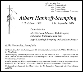 Todesanzeige von Albert Hanhoff-Stemping von Westfälische Nachrichten
