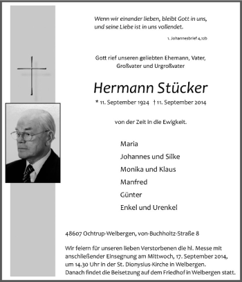 Todesanzeige von Hermann Stücker von Westfälische Nachrichten
