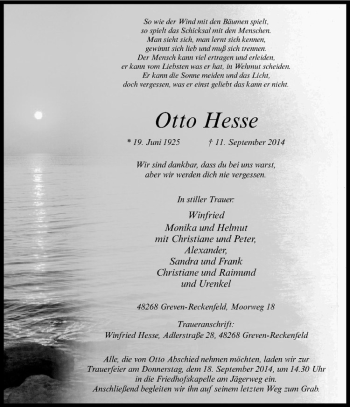 Todesanzeige von Otto Hesse von Westfälische Nachrichten