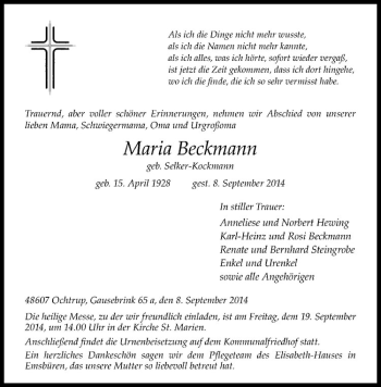 Todesanzeige von Maria Beckmann von Westfälische Nachrichten