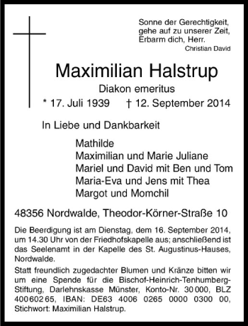 Todesanzeige von Maximilian Halstrup von Westfälische Nachrichten