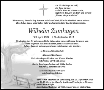 Todesanzeige von Wilhelm Zumhagen von Westfälische Nachrichten