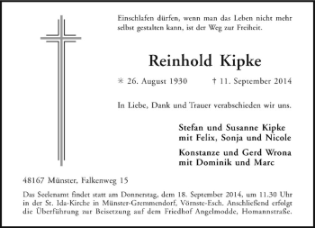 Todesanzeige von Reinhold Kipke von Westfälische Nachrichten