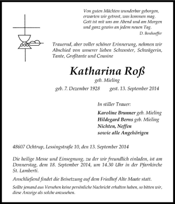 Todesanzeige von Katharina Roß von Westfälische Nachrichten