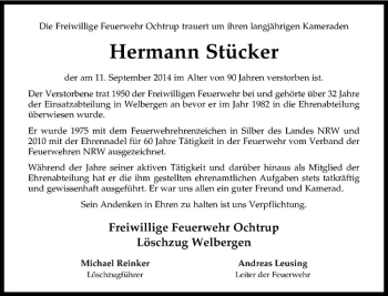 Todesanzeige von Hermann Stücker von Westfälische Nachrichten
