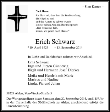 Todesanzeige von Erich Schwarz von Westfälische Nachrichten