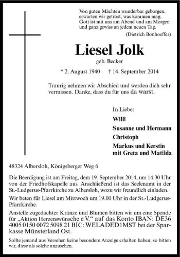 Todesanzeige von Liesel Jolk von Westfälische Nachrichten