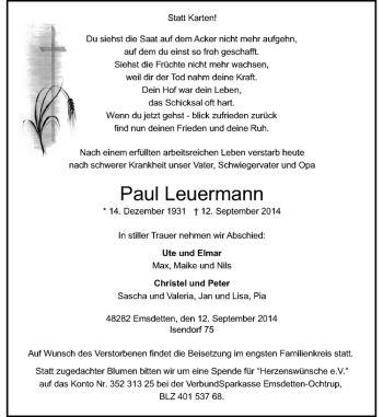 Todesanzeige von Paul Leuermann von Westfälische Nachrichten
