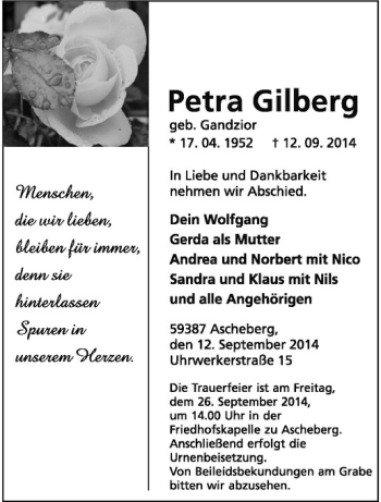 Todesanzeige von Petra Gilberg von Westfälische Nachrichten
