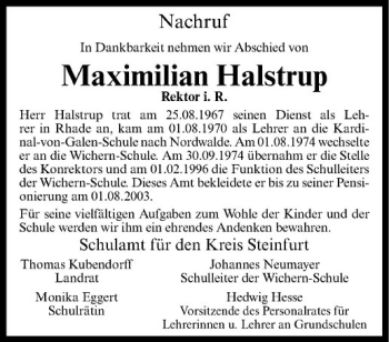 Todesanzeige von Maximilian Halstrup von Westfälische Nachrichten