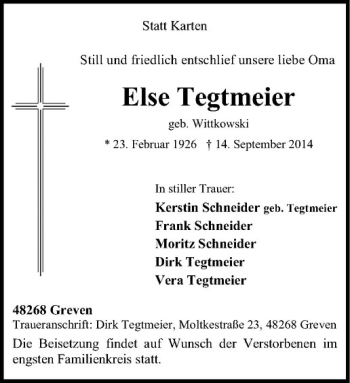 Todesanzeige von Else Tegtmeier von Westfälische Nachrichten