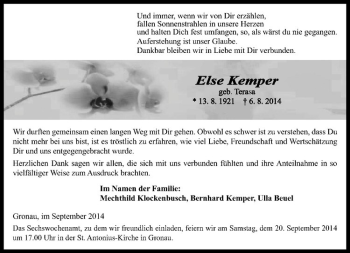 Todesanzeige von Else Kemper von Westfälische Nachrichten