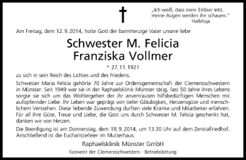 Todesanzeige von Franziska Vollmer von Westfälische Nachrichten
