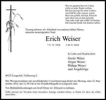 Todesanzeige von Erich Weiser von Westfälische Nachrichten