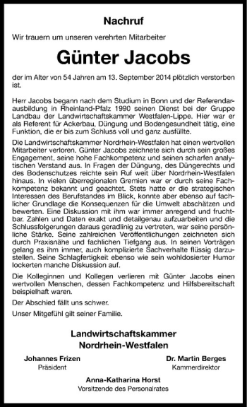 Todesanzeige von Günter Jacobs von Westfälische Nachrichten